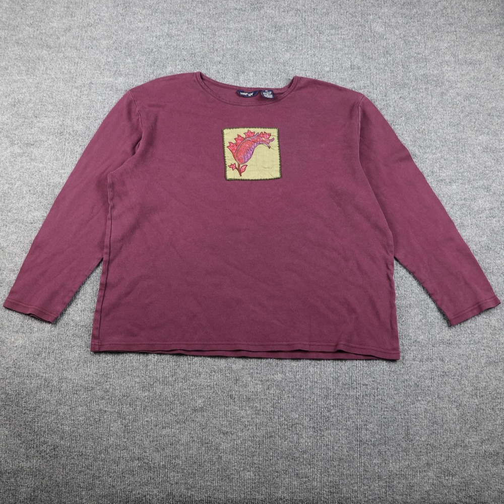 Krazy Kat Shirt Womens XL Burgundy Long Sleeve Applique Patch Embroidered Boho